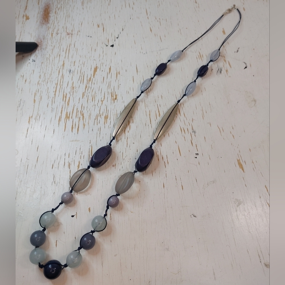 Long Shades of Blue & Silver Necklace Chunky Glass Beads Accessory Boho Jewelry